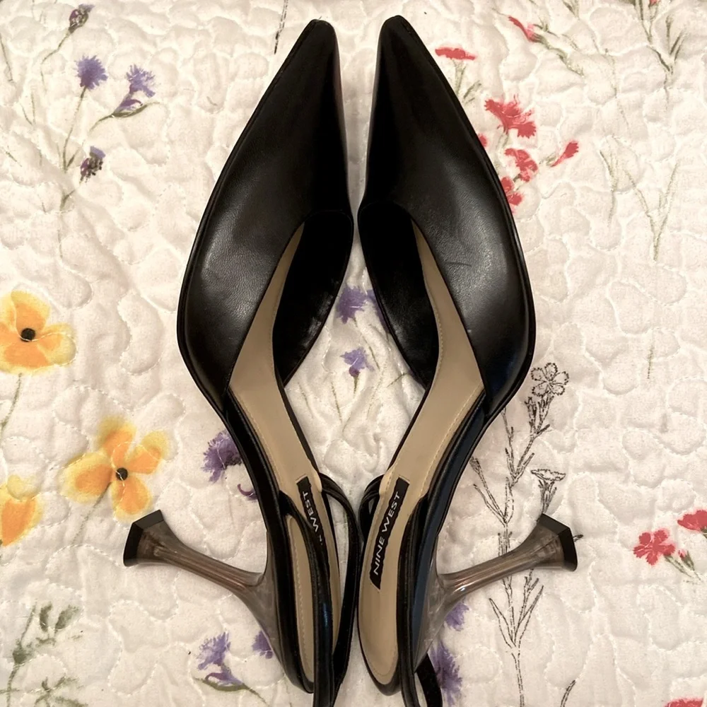 Nine West Slingbacks In The Clear Heels Pointy Toe Black Worn Once WM SZ 7 1/2 M